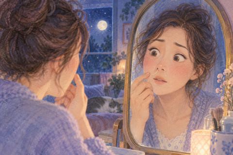 鏡に映る長い鼻毛に驚く女性