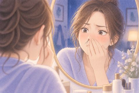 鏡の鼻毛に気づき頬を赤らめる女性