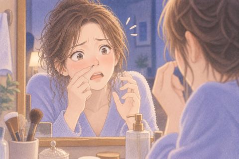 鏡を見て鼻毛を気にし焦る女性