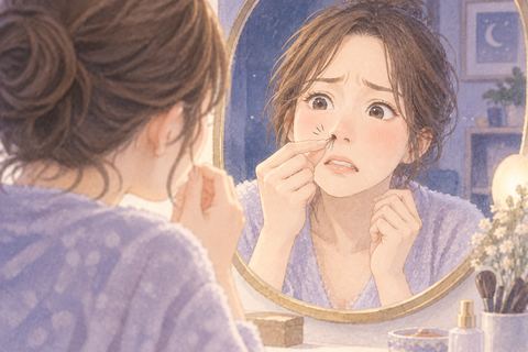 鏡の前で鼻毛を一本抜く女性