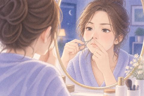 鏡の前で鼻毛を小さなはさみで整える女性