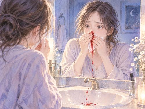 大量の鼻血に驚き鼻元を押さえる女性
