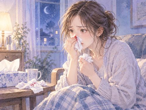 ティッシュで鼻元を押さえ困る女性