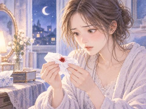 ティッシュ上の小さな血の塊を見つめる女性