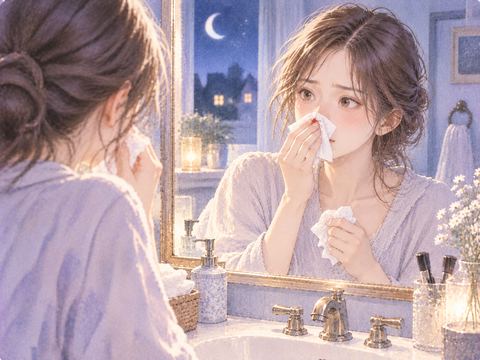 床の赤いしずくを見下ろす女性の足元