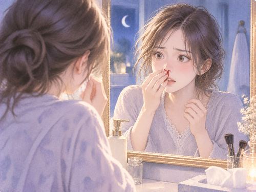 鏡で自分の鼻血に気づき驚く女性