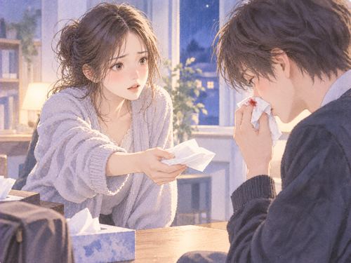 鼻血を出した人へティッシュを差し出す女性