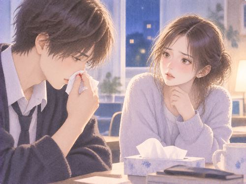 鼻元を押さえる男性を心配そうに見る女性
