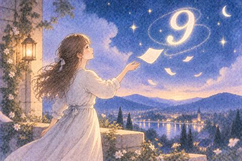 古い紙を手放し数字の9を見る女性
