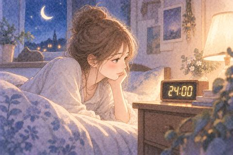 24の数字と時計を見つめる女性