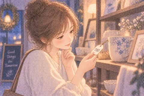 三桁の値札を手に取る女性