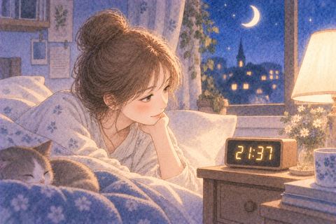 四桁表示の時計を確認する女性