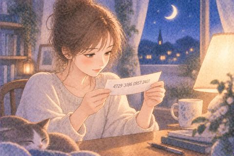 長い番号が書かれた紙を見る女性