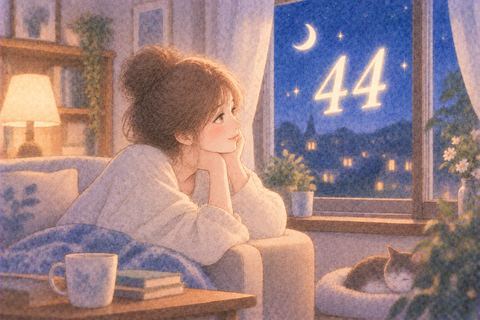 家の窓辺に浮かぶ44を見る女性