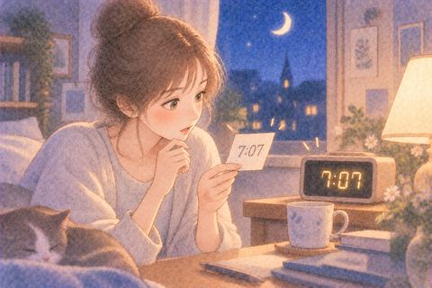 時計と紙に同じ数字を見る女性