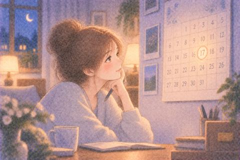 カレンダーの日付を見つめる女性
