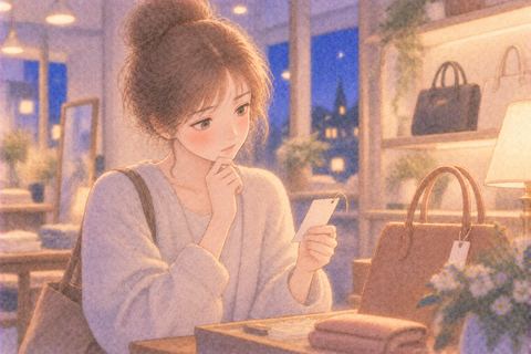値札を見て考え込む女性