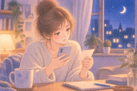 電話番号を見ながらスマホを持つ女性
