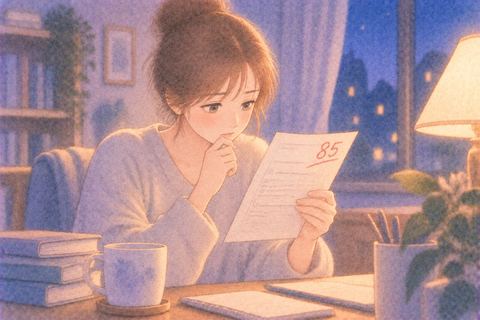 点数の書かれた紙を見る女性