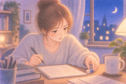 書いた数字の間違いに気づく女性