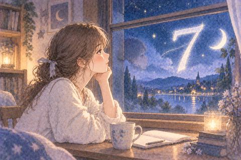 窓辺で静かに考える女性と数字の7