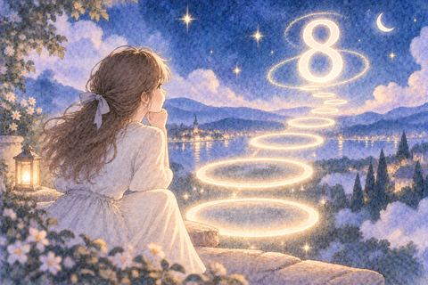 続く光の輪と数字の8を見る女性