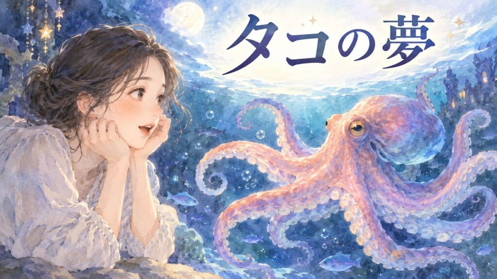 夜の水辺で幻想的なタコを見つめる女性