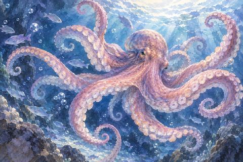 水中で何本もの足を広げるタコ