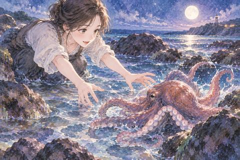 水辺でタコを捕まえようとする女性