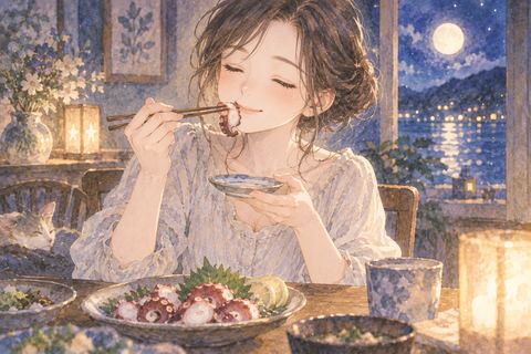食卓でタコ料理を味わう女性