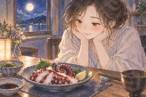 皿に盛られた茹でタコを見つめる女性
