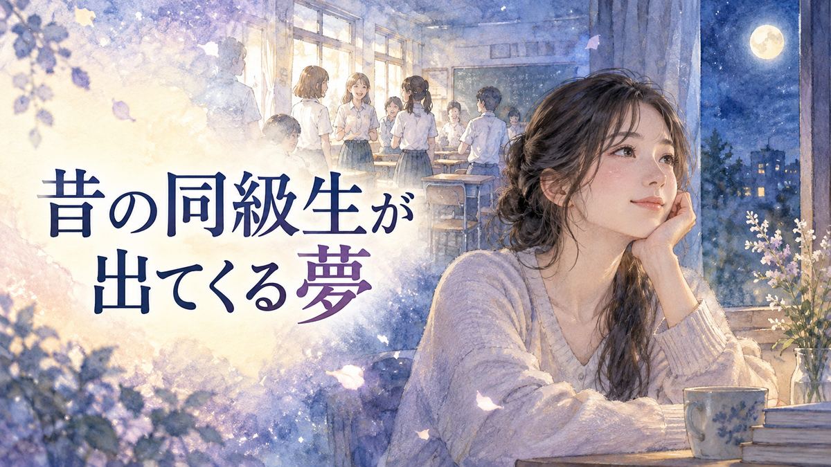 夜の窓辺で昔の教室と同級生たちの夢を思い返す大人の女性