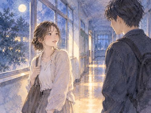 月明かりの校舎で昔の同級生と再会する二人