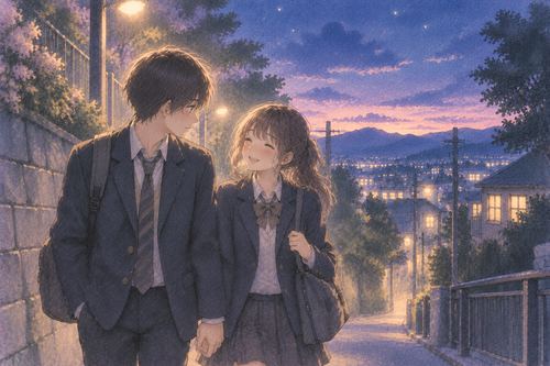 夜の帰り道を並んで歩く昔の同級生二人の夢
