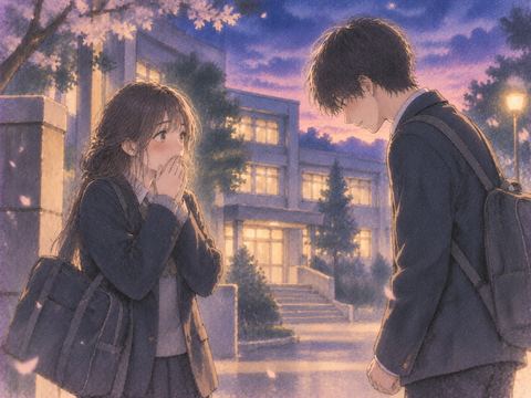 夕夜の校舎前で昔の同級生から思いを伝えられる夢の情景