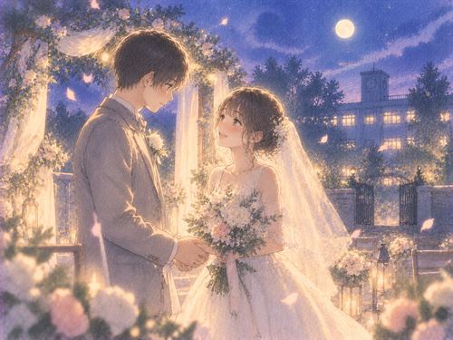 淡い月明かりの中で結婚式を迎える昔の同級生二人の夢