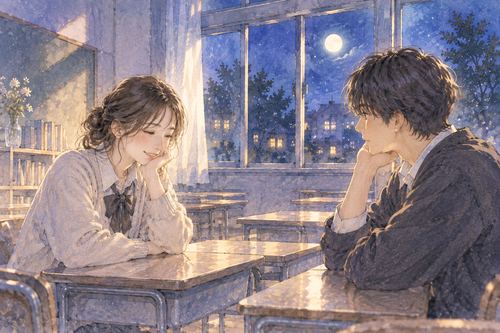 夜の教室で昔の同級生と向かい合って話す二人