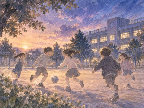 夕暮れの小学校の校庭で遊ぶ子どもたちの夢の情景