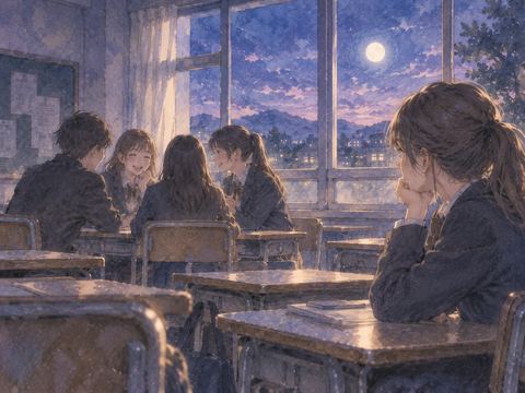 中学校の教室で友人の輪と少し離れた生徒がいる夢の情景