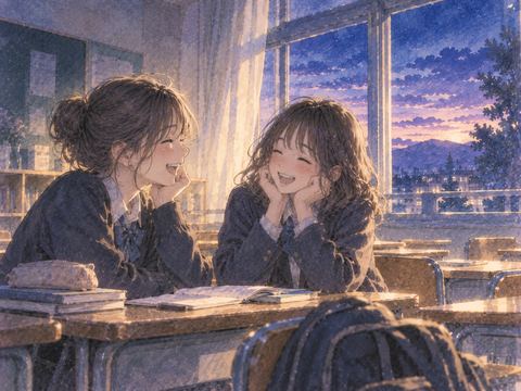 放課後の教室で仲の良い同級生同士が笑い合う夢の情景