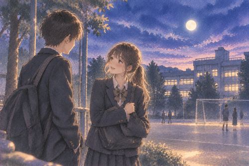 夜の校庭で異性の同級生と穏やかに話す夢の情景