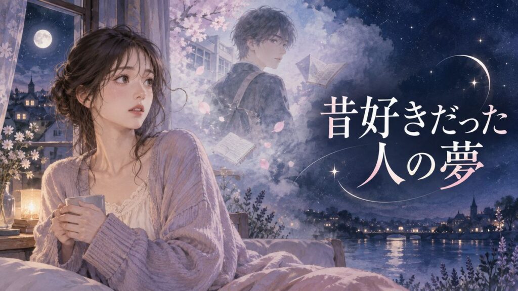 夜の窓辺で昔好きだった人の夢を思い返す大人の女性と淡く浮かぶ男性の姿