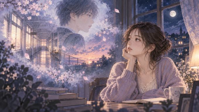 夜に昔の学校や好きだった人の記憶を思い浮かべる女性