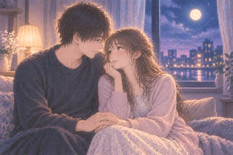 夜の室内で昔好きだった人と近い距離で見つめ合う女性の夢