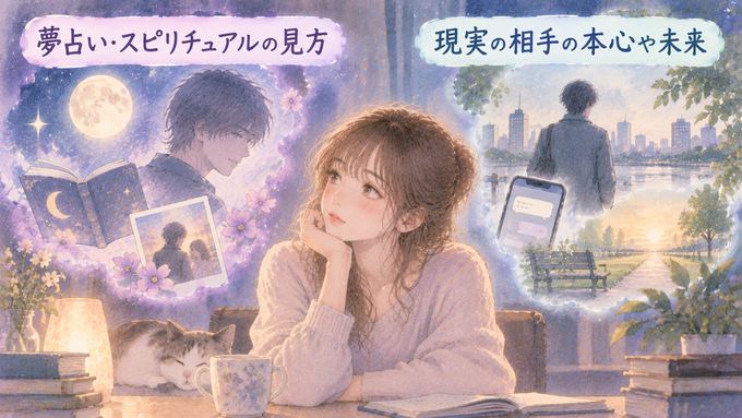 昔好きだった人の夢を象徴的な見方と現実の相手の気持ちに分けて考える女性の図