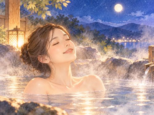 温かな温泉に肩まで浸かりほっとする女性