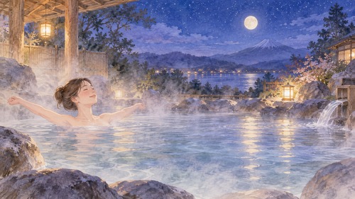 広々とした温泉で手足を伸ばす女性