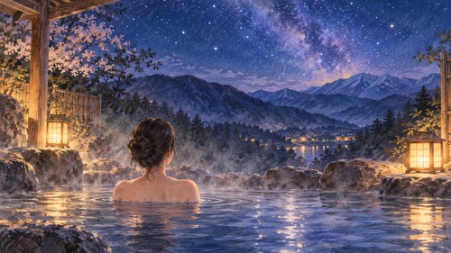 夜空と山を眺めながら露天風呂に浸かる女性