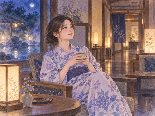 温泉施設の休憩スペースでくつろぐ女性