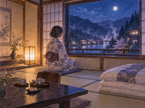 温泉旅館の畳の部屋でくつろぐ女性